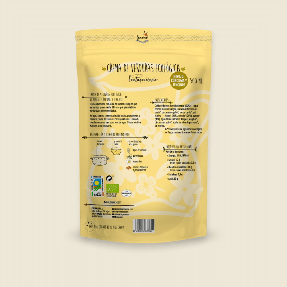 Crema Ecológica de verduras de Hinojo, Cúrcuma y Jengibre santapaciencia